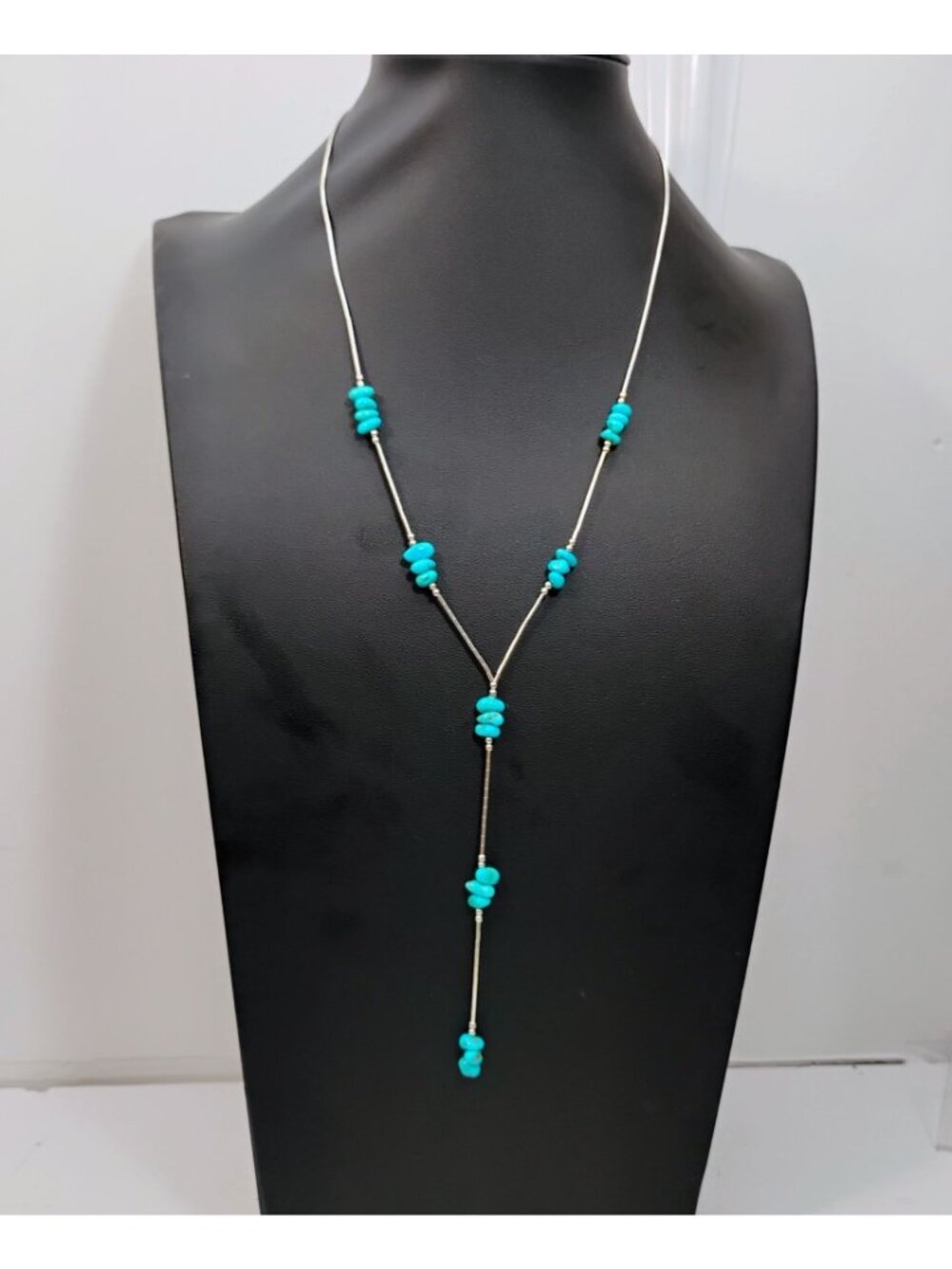 Liquid Sterling Silver & Kingman Turquoise Bead Lariat Necklace - Picture 2 of 7